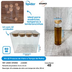 KIT 12 FRASCOS 50ML DE VIDRO E TAMPA ROLHA