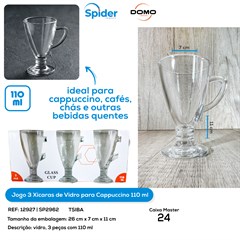 JOGO 3 XICARAS 110ML CAPPUCCINO DE VIDRO