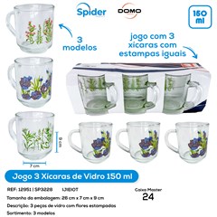 JOGO 3 XICARAS 150ML DE VIDRO FLORES