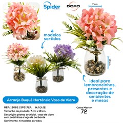 ARRANJO BUQUE HORTENSIA VASO DE VIDRO E PEDRAS