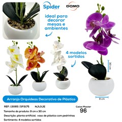 ARRANJO ORQUIDEAS COM VASO PLASTICO E PEDRAS